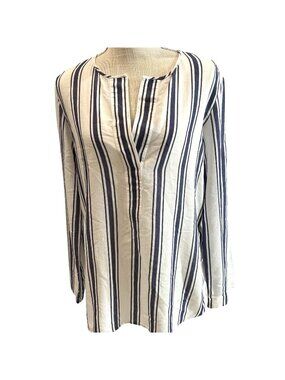 BCBG Max Azria Womens Striped Long Sleeve Blouse White/Navy Size 0